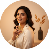 Circular portrait of influencer Ananya Sharma, smiling confidently with a warm and inviting expression. The background is cle