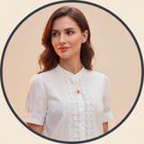 Circular portrait of Isabelle Laurent, a confident woman, with a subtle warm amber glow against a warm cream background.