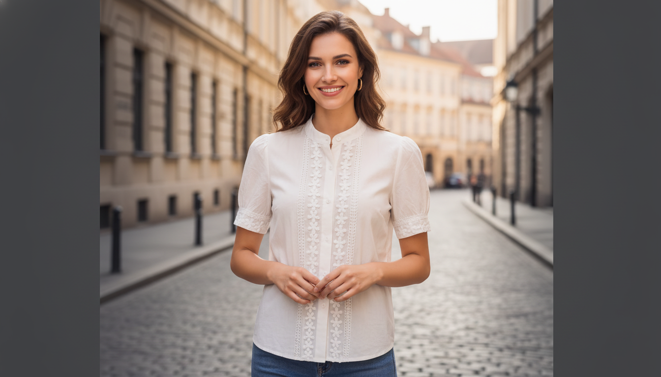 A woman in a delicate ivory top stands on a cobblestone street in a European city, smiling confidently.