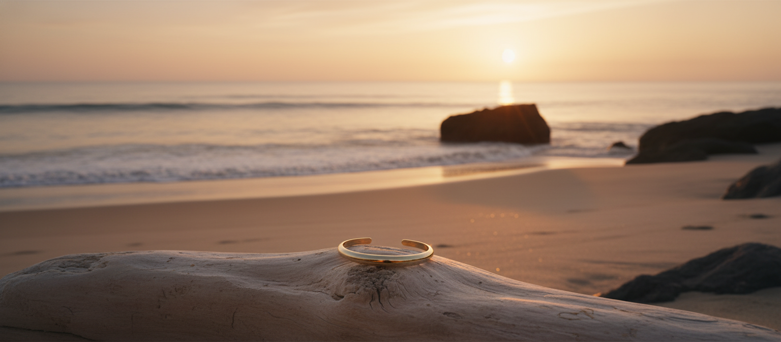 Coastal landscape at sunrise with soft light. A delicate AURELIA jewelry piece rests on a weathered stone in the foreground.