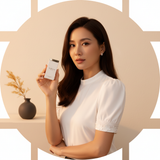 Circular portrait of influencer Naomi Chen, shoulders up, smiling confidently against a soft cream background.