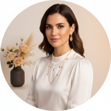 Circular portrait of influencer Maya Rodriguez, smiling confidently, with delicate jewelry visible. Clean background, soft li