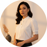Portrait of influencer Grace Tan smiling confidently, shoulders up, against a warm cream background.