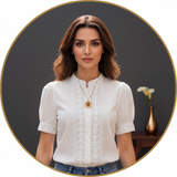 Circular portrait of Fatima Al-Sayed, an elegant woman with a confident expression, wearing delicate jewelry against a warm c